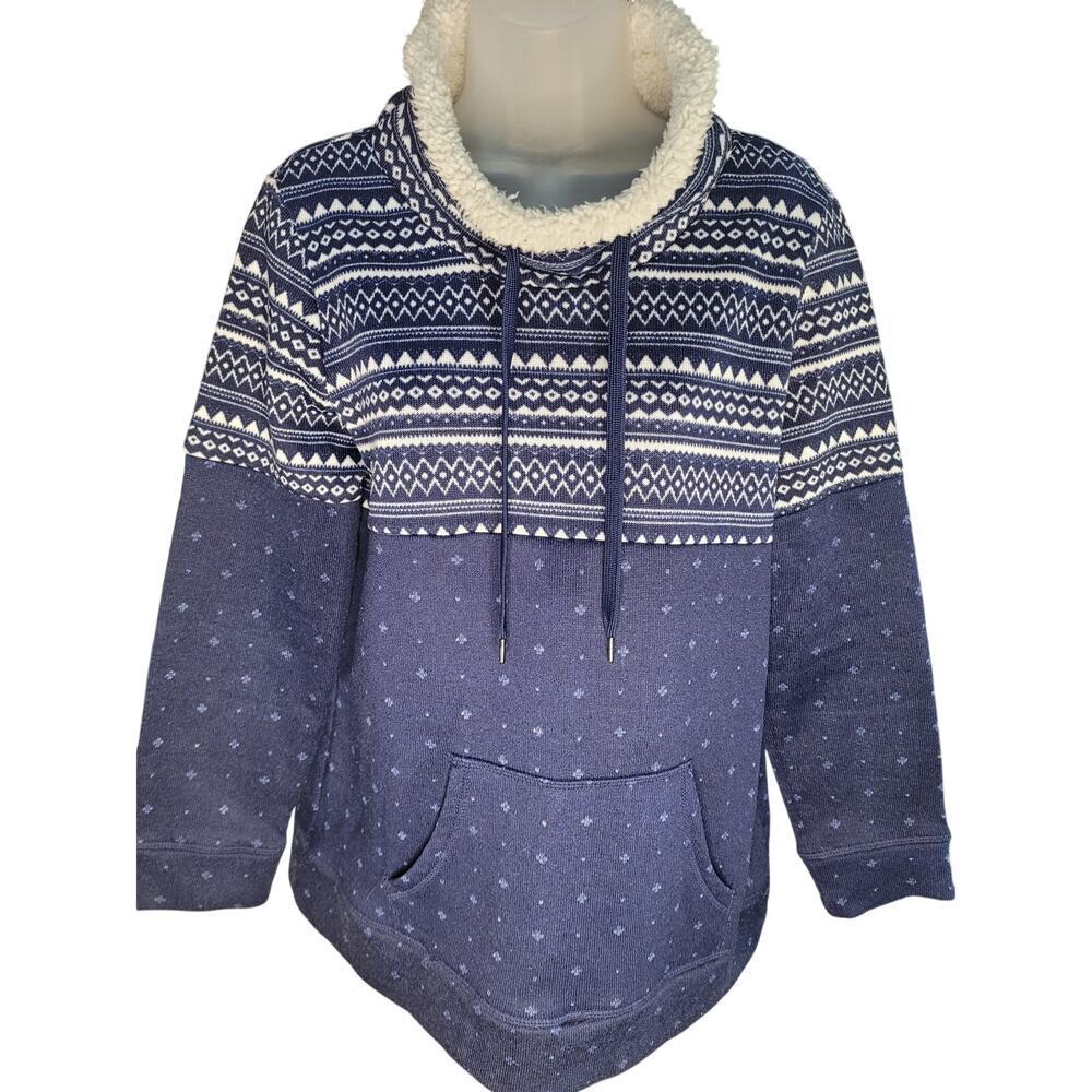 St Johns Bay Navy/Wht Fleece Neck Women Sweater Sz L